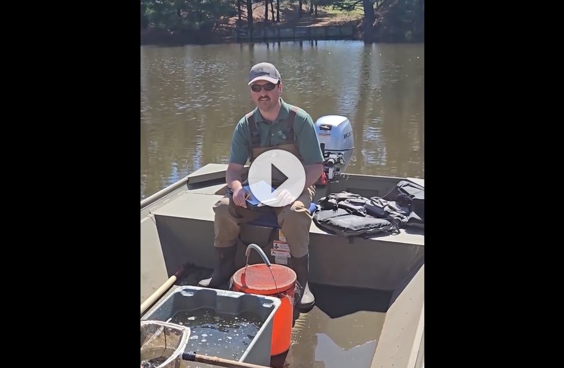 A man sits in a boat and is interviewed about fish surveys being conducted at Fort McCoy, Wisconsin.